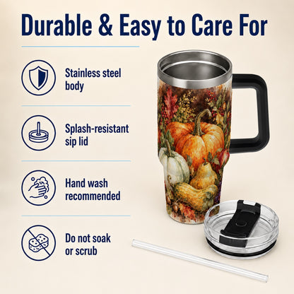 #pl[40oz|Black] Pumpkin 40oz Tumbler with Handle, Watercolor Stainless Steel Travel Cup