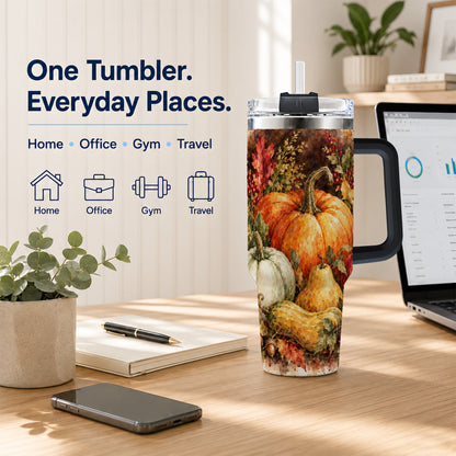 #pl[40oz|Black] Pumpkin 40oz Tumbler with Handle, Watercolor Stainless Steel Travel Cup