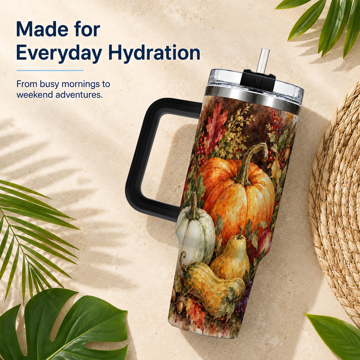#pl[40oz|Black] Pumpkin 40oz Tumbler with Handle, Watercolor Stainless Steel Travel Cup