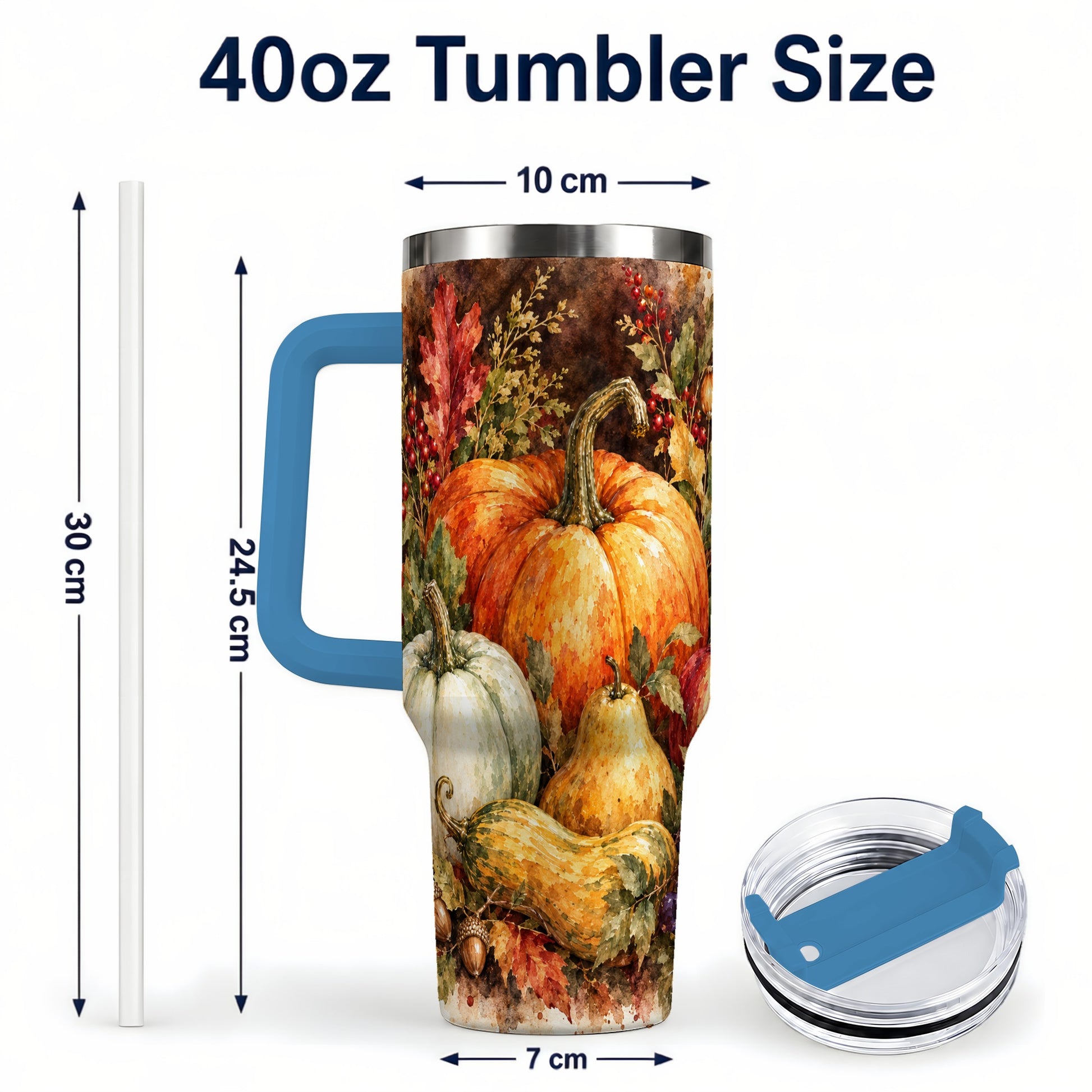 #pl[40oz|Blue] Pumpkin 40oz Tumbler with Handle, Watercolor Stainless Steel Travel Cup