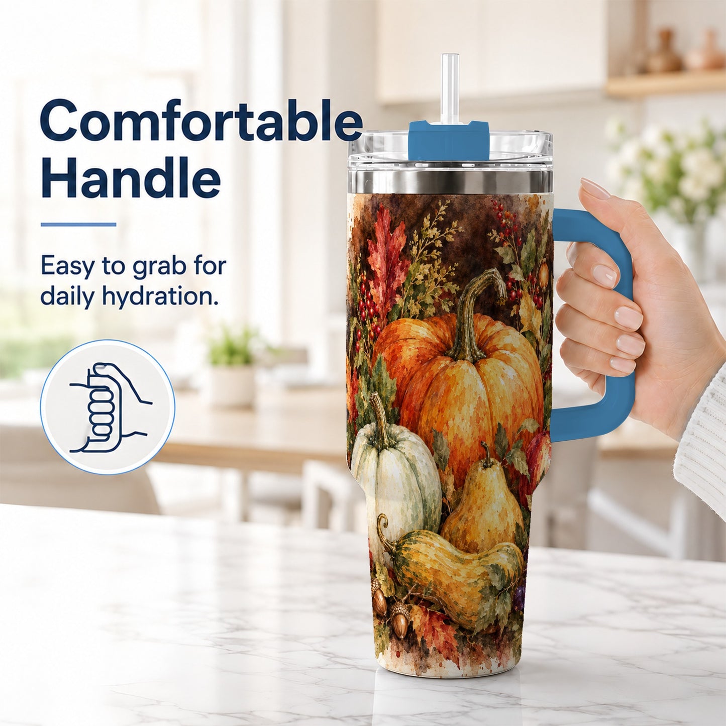 #pl[40oz|Blue] Pumpkin 40oz Tumbler with Handle, Watercolor Stainless Steel Travel Cup