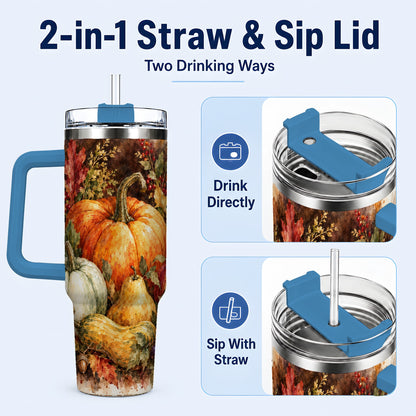 #pl[40oz|Blue] Pumpkin 40oz Tumbler with Handle, Watercolor Stainless Steel Travel Cup