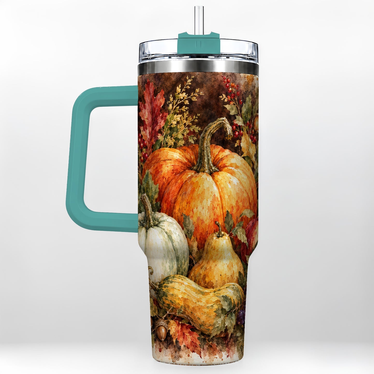 #pl[40oz|Green] Pumpkin 40oz Tumbler with Handle, Watercolor Stainless Steel Travel Cup