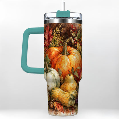 #pl[40oz|Green] Pumpkin 40oz Tumbler with Handle, Watercolor Stainless Steel Travel Cup