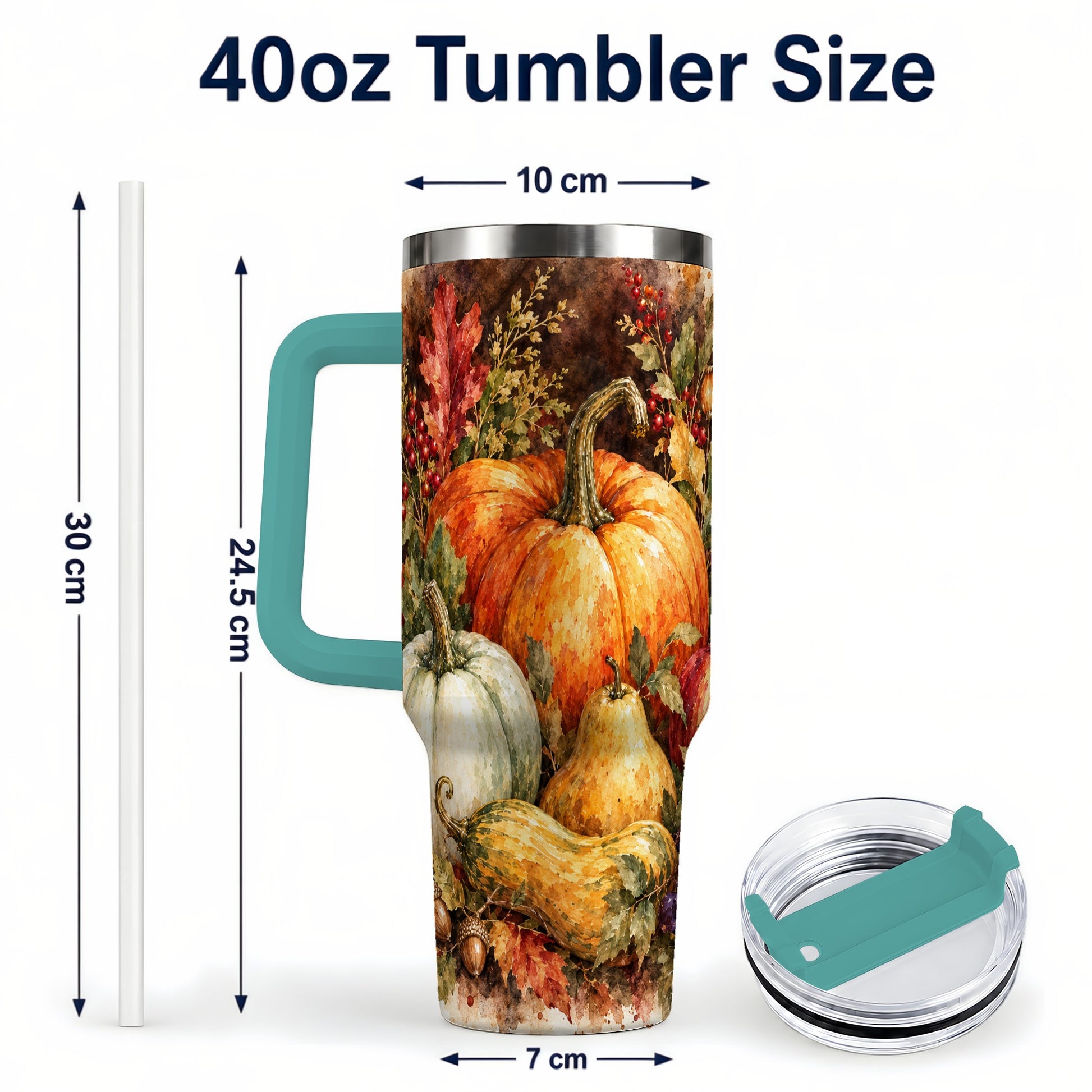 #pl[40oz|Green] Pumpkin 40oz Tumbler with Handle, Watercolor Stainless Steel Travel Cup