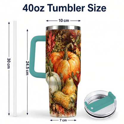 #pl[40oz|Green] Pumpkin 40oz Tumbler with Handle, Watercolor Stainless Steel Travel Cup