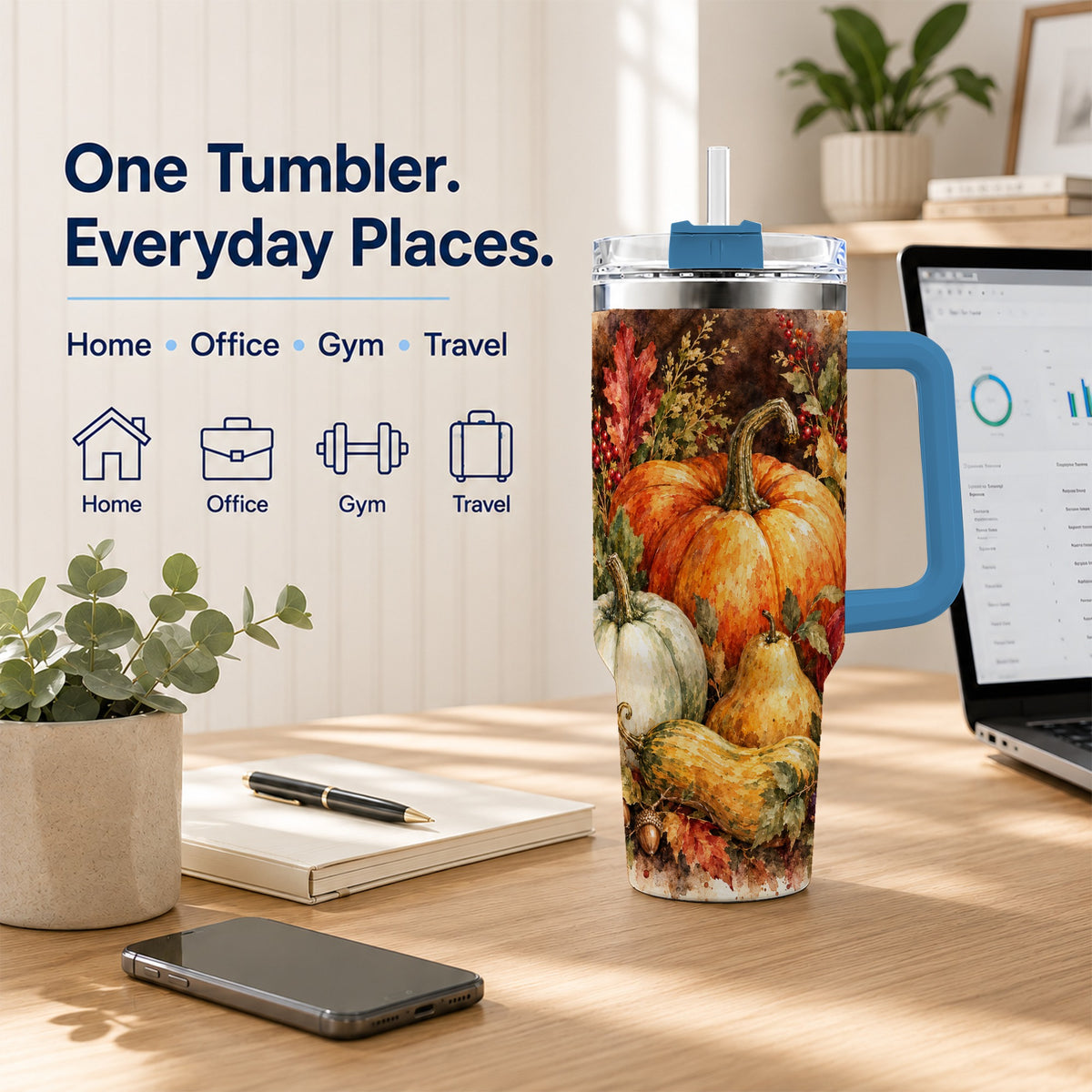 #pl[40oz|Blue] Pumpkin 40oz Tumbler with Handle, Watercolor Stainless Steel Travel Cup