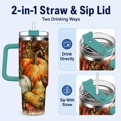 #pl[40oz|Green] Pumpkin 40oz Tumbler with Handle, Watercolor Stainless Steel Travel Cup
