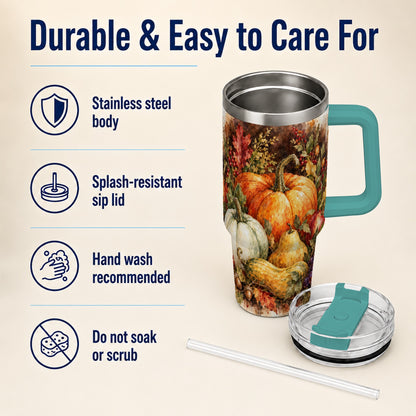 #pl[40oz|Green] Pumpkin 40oz Tumbler with Handle, Watercolor Stainless Steel Travel Cup