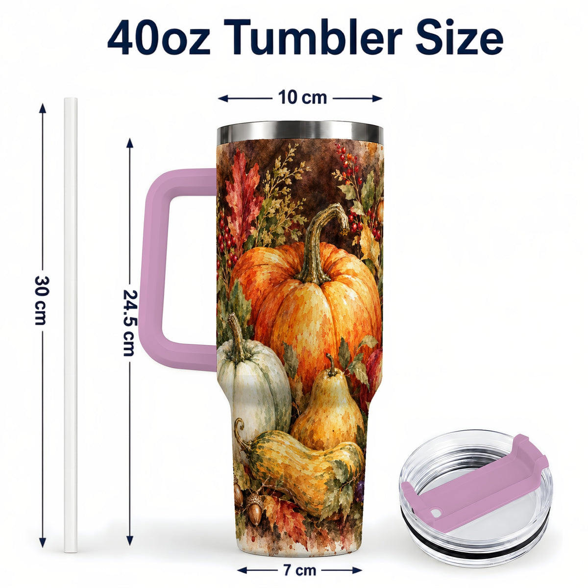 #pl[40oz|Pink] Pumpkin 40oz Tumbler with Handle, Watercolor Stainless Steel Travel Cup