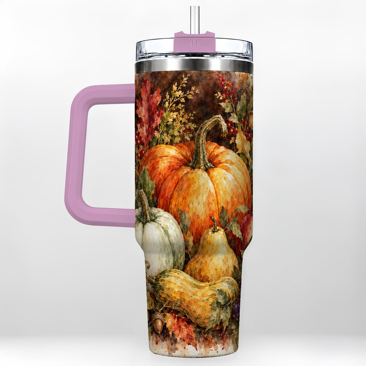 #pl[40oz|Pink] Pumpkin 40oz Tumbler with Handle, Watercolor Stainless Steel Travel Cup
