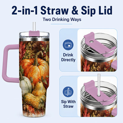 #pl[40oz|Pink] Pumpkin 40oz Tumbler with Handle, Watercolor Stainless Steel Travel Cup