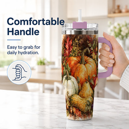 #pl[40oz|Pink] Pumpkin 40oz Tumbler with Handle, Watercolor Stainless Steel Travel Cup