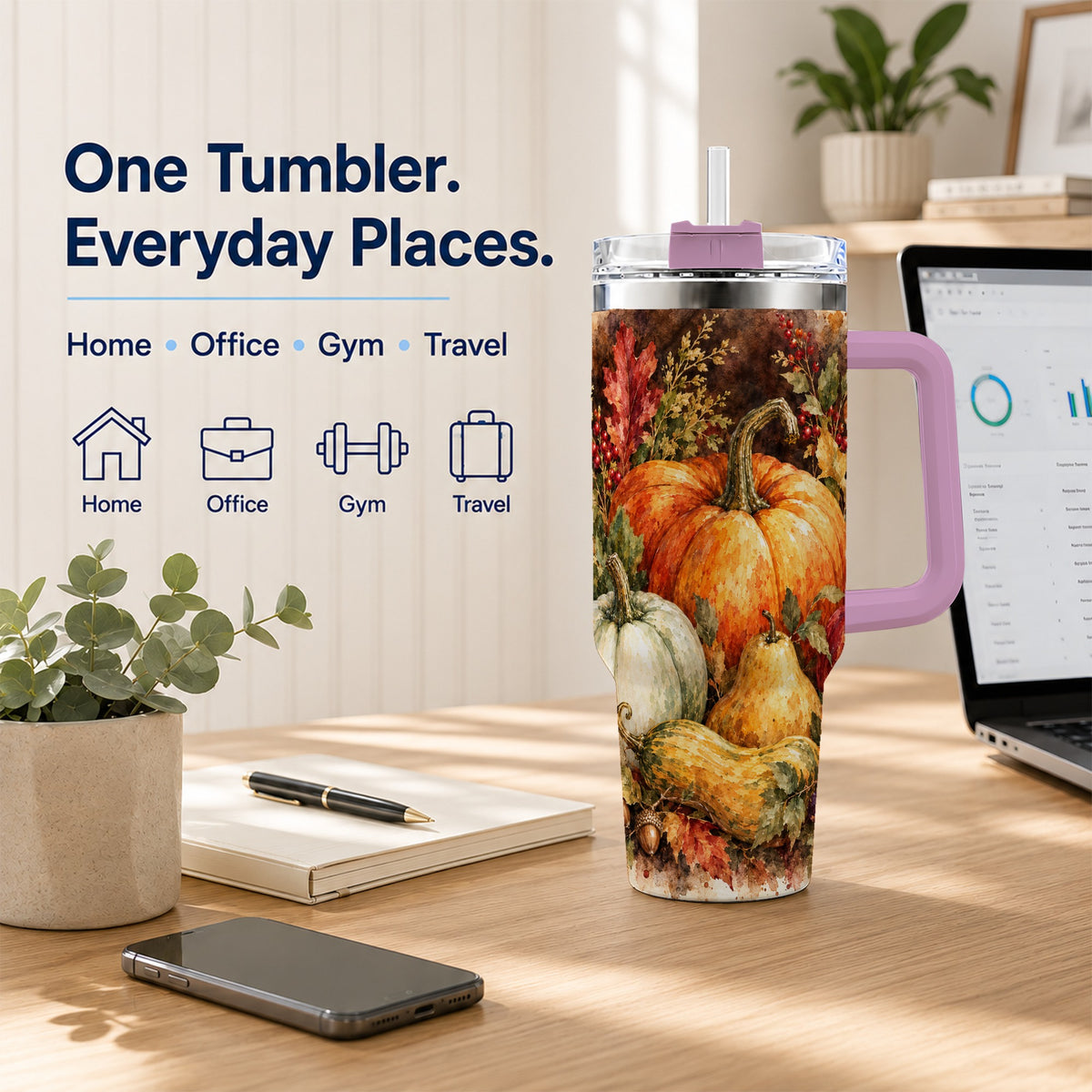 #pl[40oz|Pink] Pumpkin 40oz Tumbler with Handle, Watercolor Stainless Steel Travel Cup