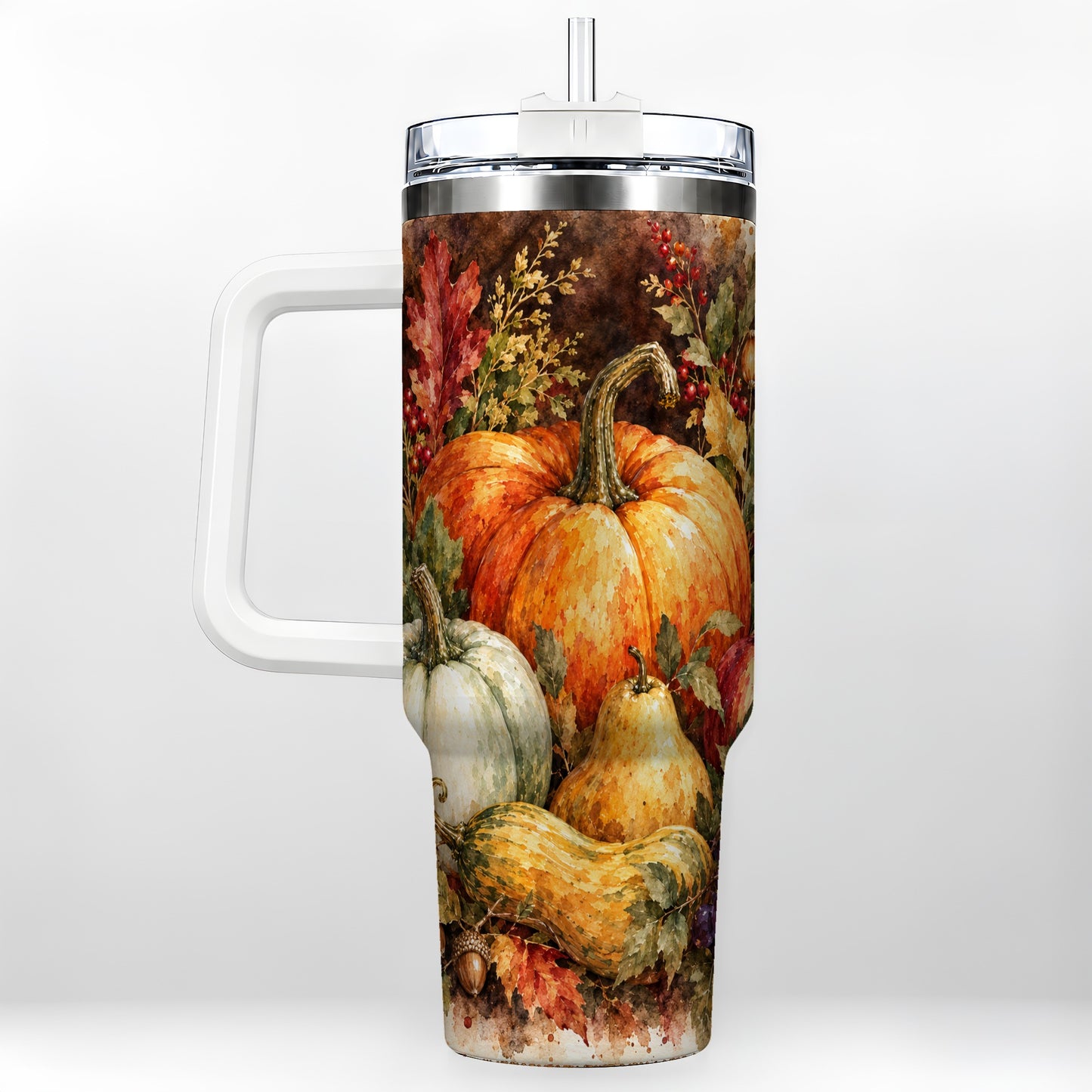 Pumpkin 40oz Tumbler with Handle, Watercolor Stainless Steel Travel Cup