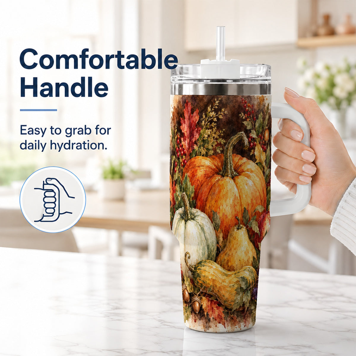 #pl[40oz|White] Pumpkin 40oz Tumbler with Handle, Watercolor Stainless Steel Travel Cup