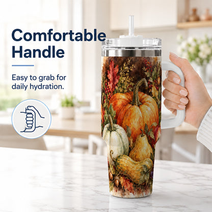 #pl[40oz|White] Pumpkin 40oz Tumbler with Handle, Watercolor Stainless Steel Travel Cup