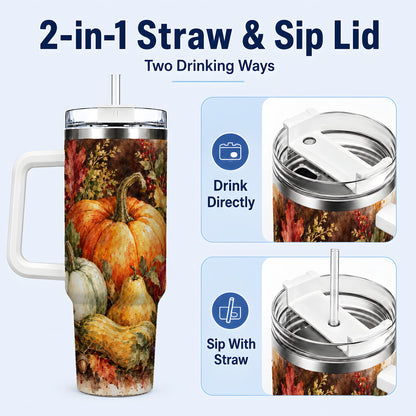 #pl[40oz|White] Pumpkin 40oz Tumbler with Handle, Watercolor Stainless Steel Travel Cup