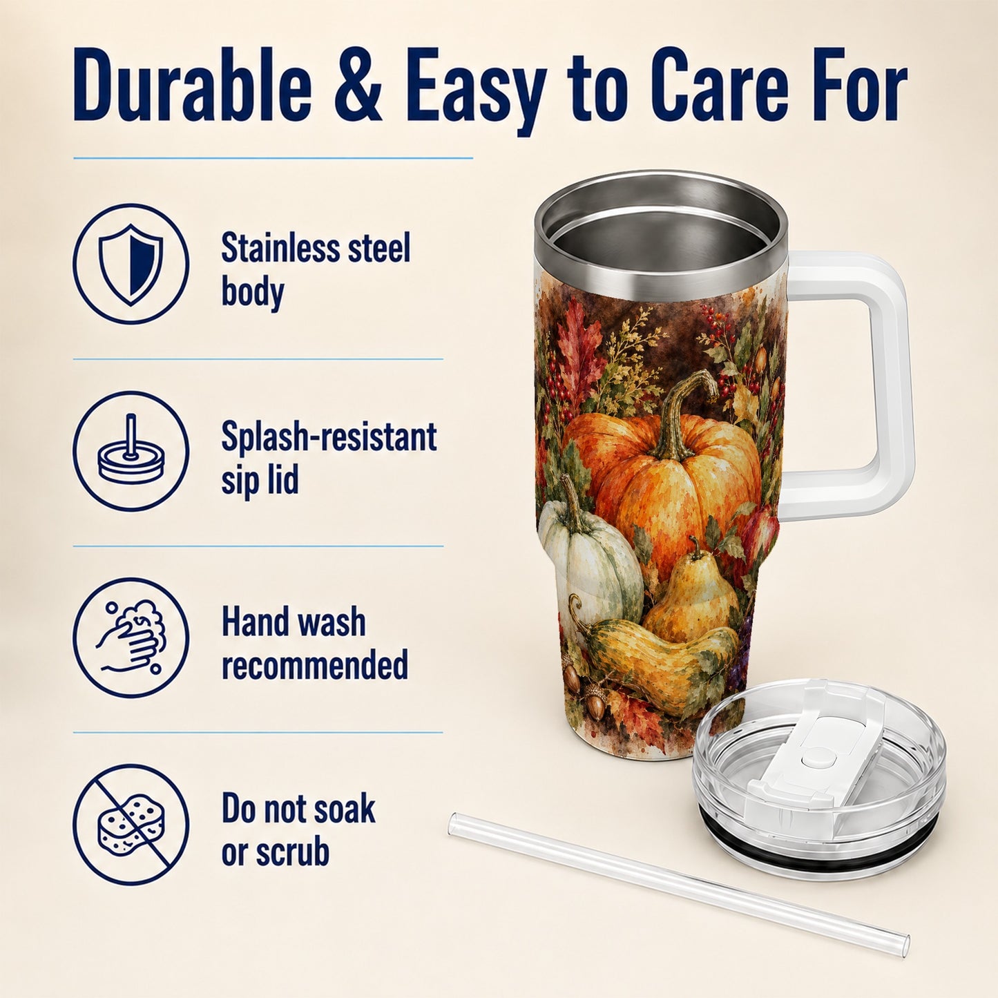 #pl[40oz|White] Pumpkin 40oz Tumbler with Handle, Watercolor Stainless Steel Travel Cup