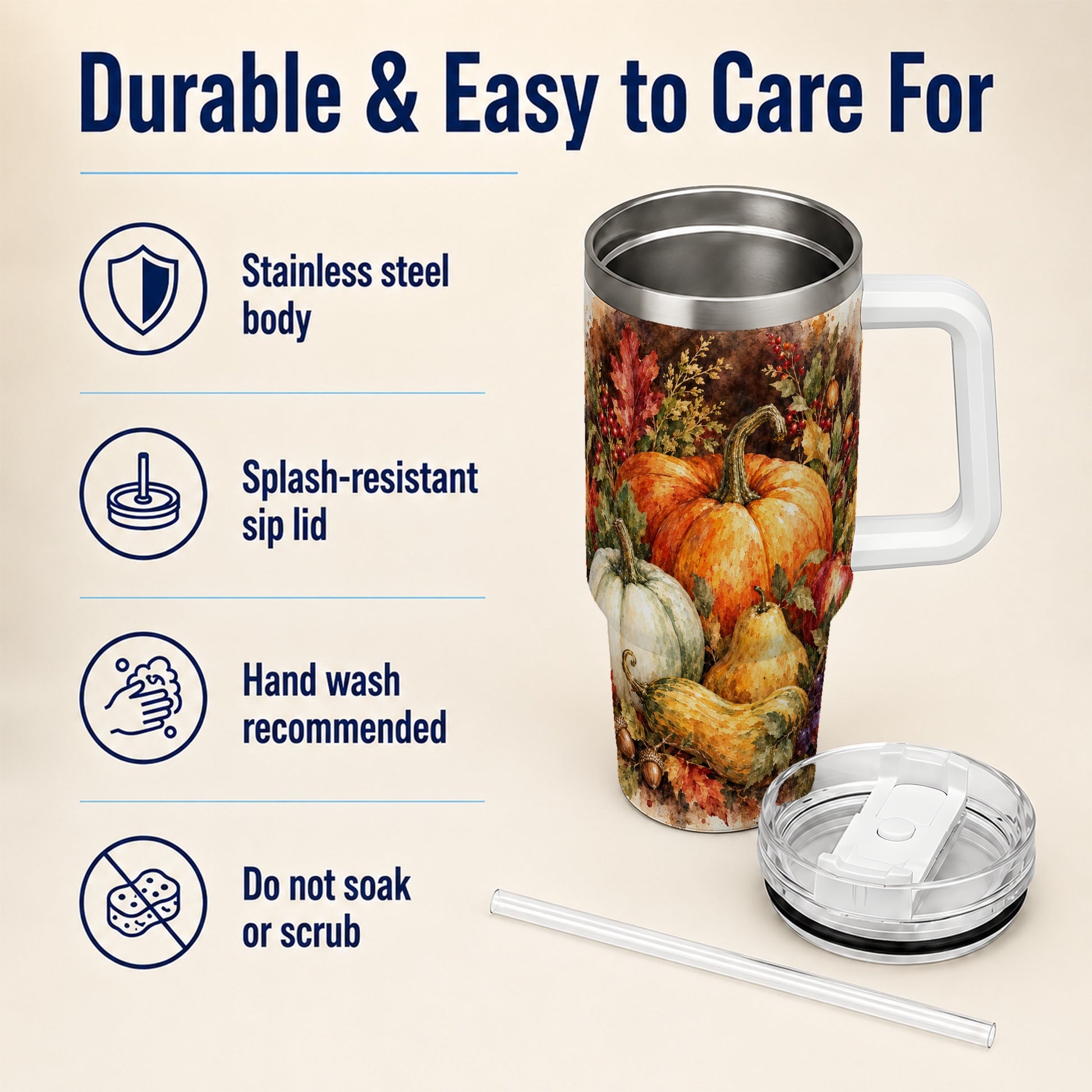 #pl[40oz|White] Pumpkin 40oz Tumbler with Handle, Watercolor Stainless Steel Travel Cup