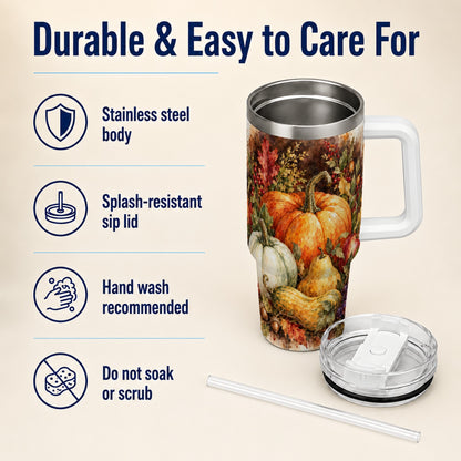 #pl[40oz|White] Pumpkin 40oz Tumbler with Handle, Watercolor Stainless Steel Travel Cup