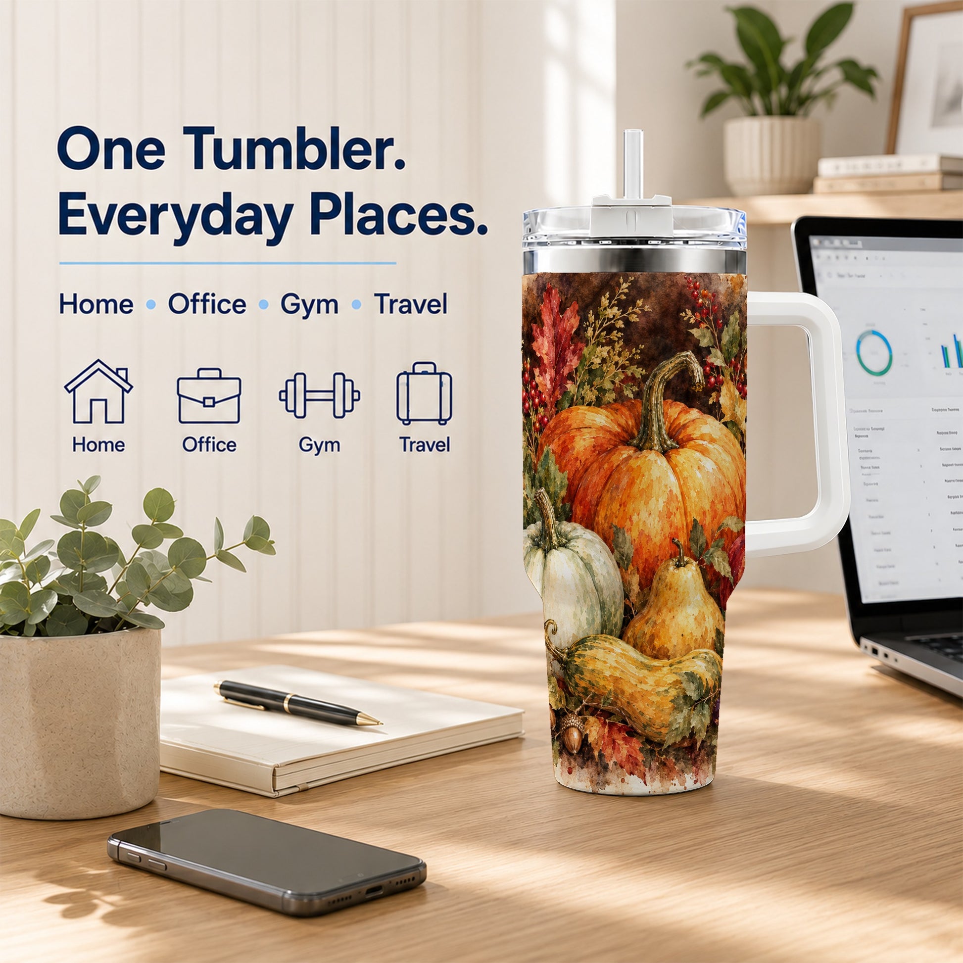 #pl[40oz|White] Pumpkin 40oz Tumbler with Handle, Watercolor Stainless Steel Travel Cup