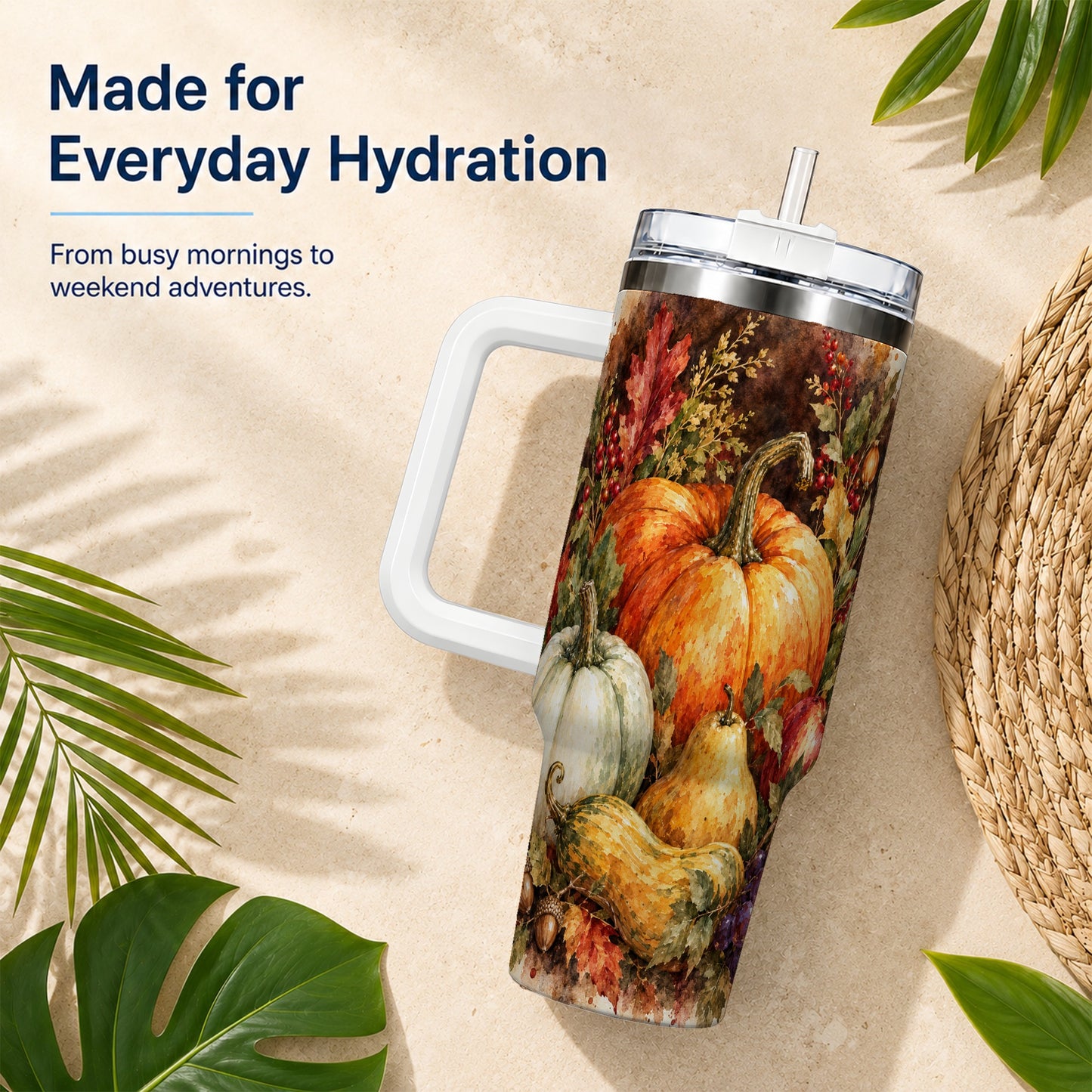 #pl[40oz|White] Pumpkin 40oz Tumbler with Handle, Watercolor Stainless Steel Travel Cup