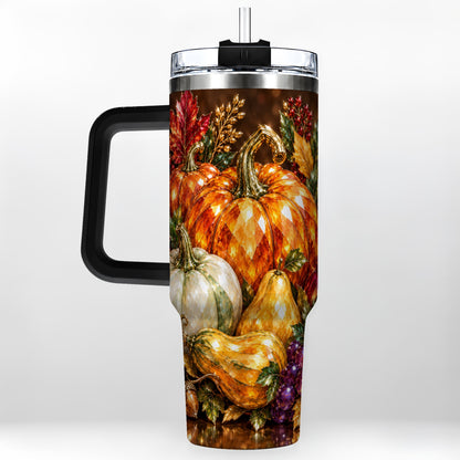 #pl[40oz|Black] Pumpkin 40oz Tumbler with Handle, Jeweled Stainless Steel Travel Cup