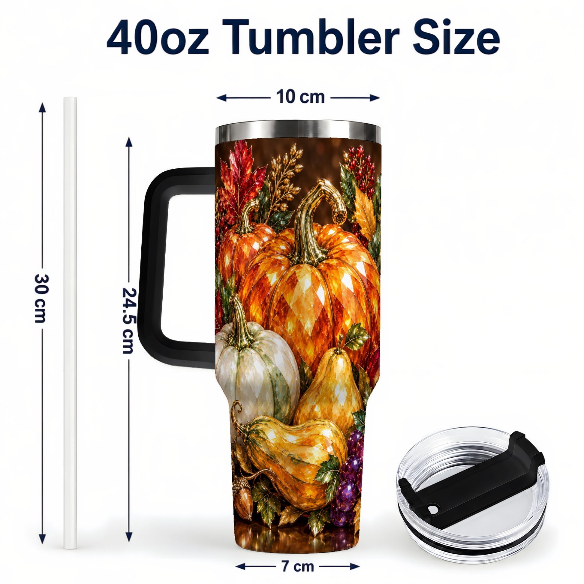 #pl[40oz|Black] Pumpkin 40oz Tumbler with Handle, Jeweled Stainless Steel Travel Cup