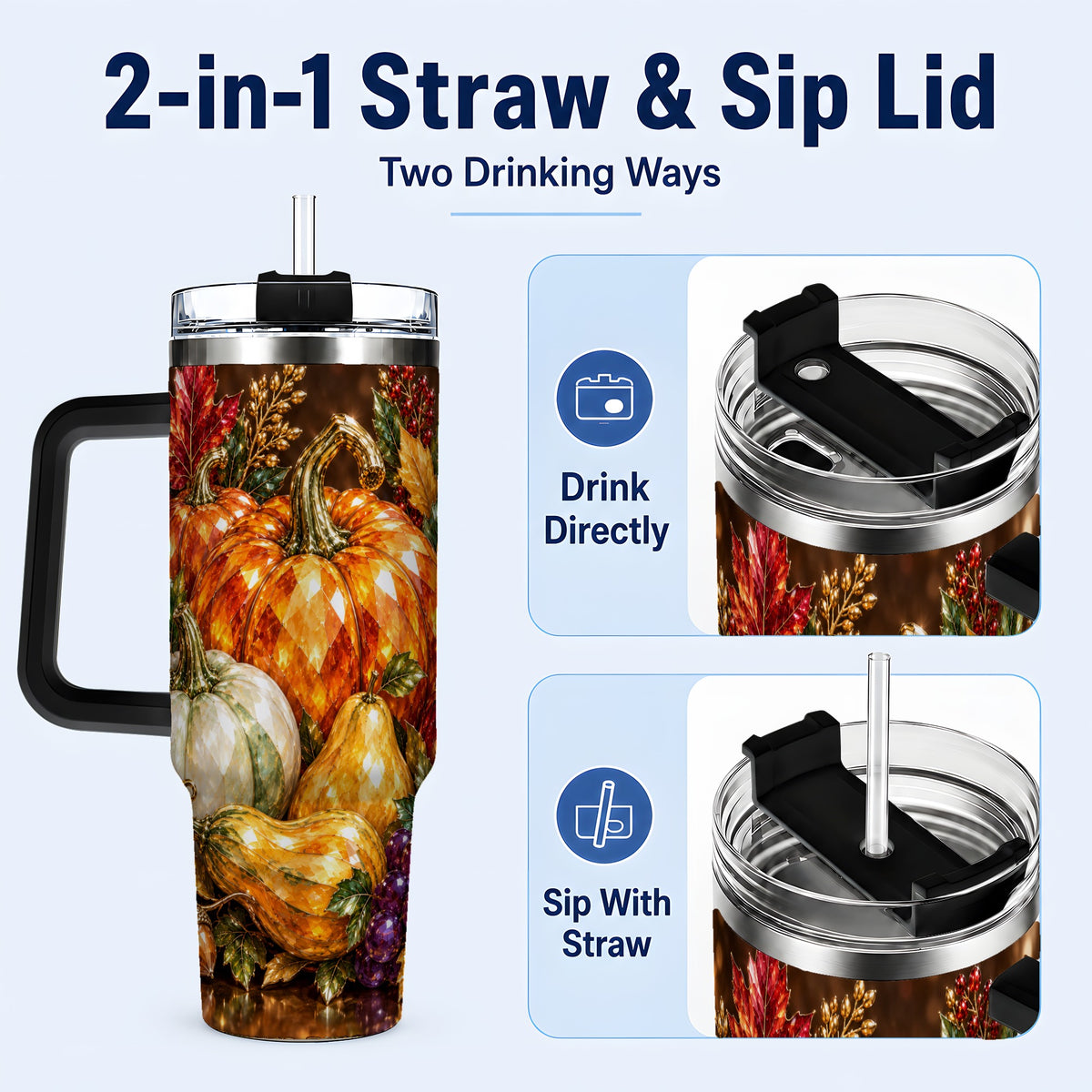 #pl[40oz|Black] Pumpkin 40oz Tumbler with Handle, Jeweled Stainless Steel Travel Cup