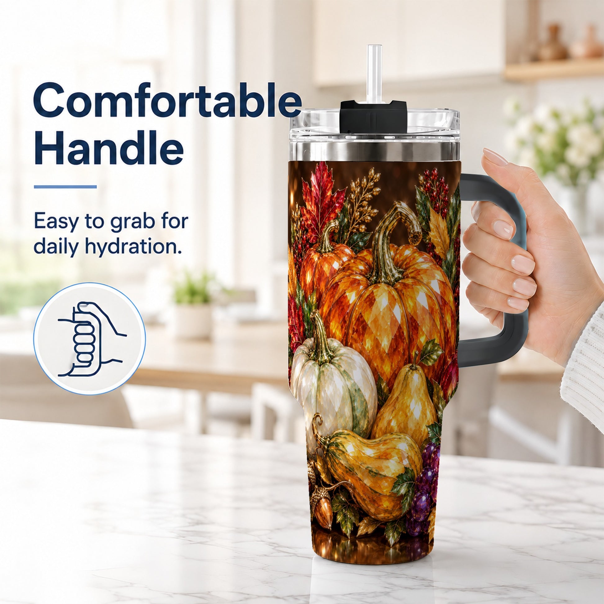#pl[40oz|Black] Pumpkin 40oz Tumbler with Handle, Jeweled Stainless Steel Travel Cup