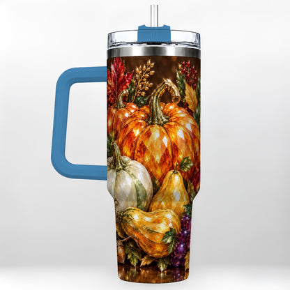 #pl[40oz|Blue] Pumpkin 40oz Tumbler with Handle, Jeweled Stainless Steel Travel Cup