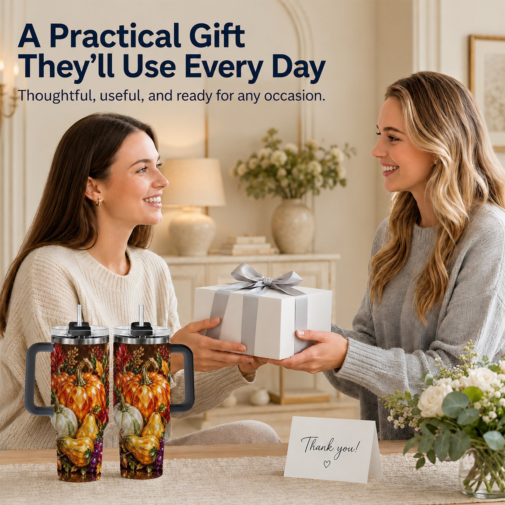 #pl[40oz|Black] Pumpkin 40oz Tumbler with Handle, Jeweled Stainless Steel Travel Cup