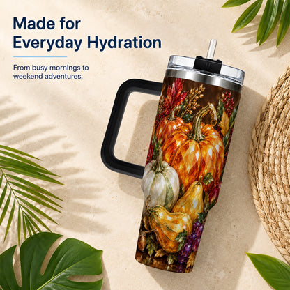 #pl[40oz|Black] Pumpkin 40oz Tumbler with Handle, Jeweled Stainless Steel Travel Cup