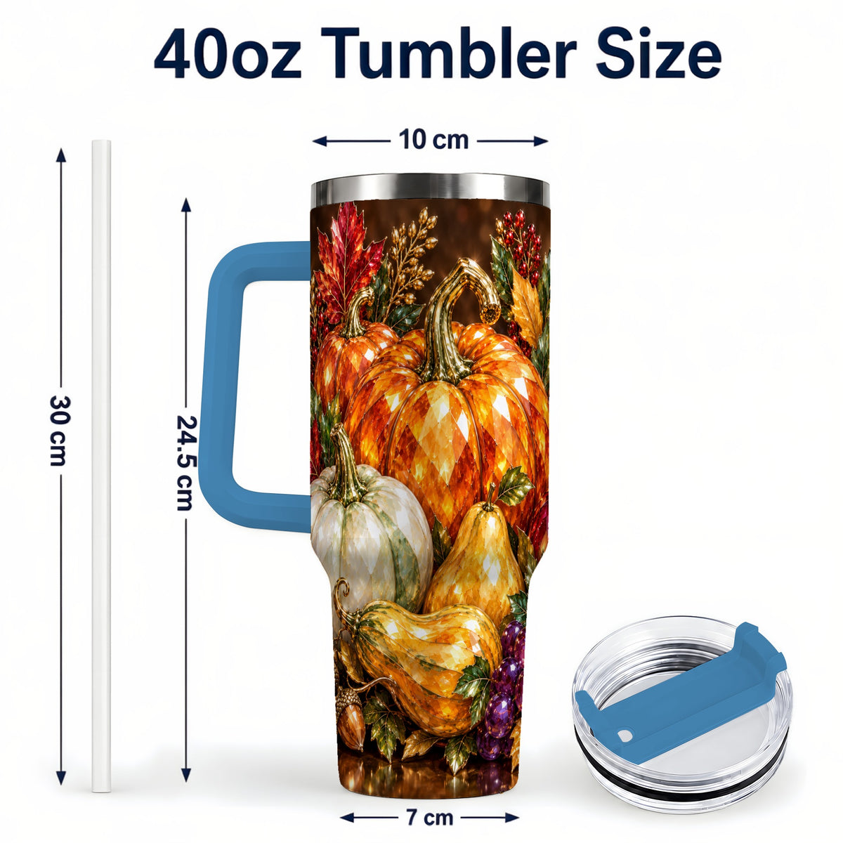 #pl[40oz|Blue] Pumpkin 40oz Tumbler with Handle, Jeweled Stainless Steel Travel Cup
