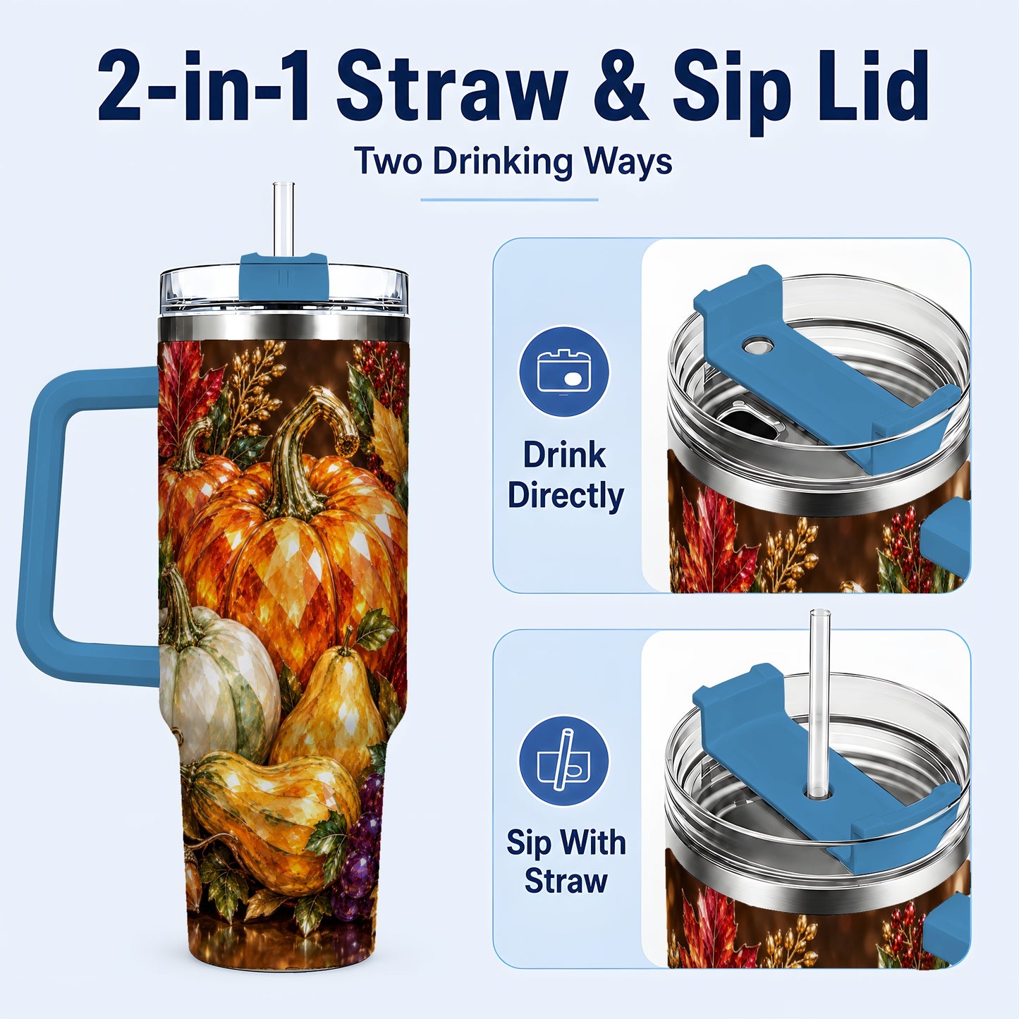 #pl[40oz|Blue] Pumpkin 40oz Tumbler with Handle, Jeweled Stainless Steel Travel Cup