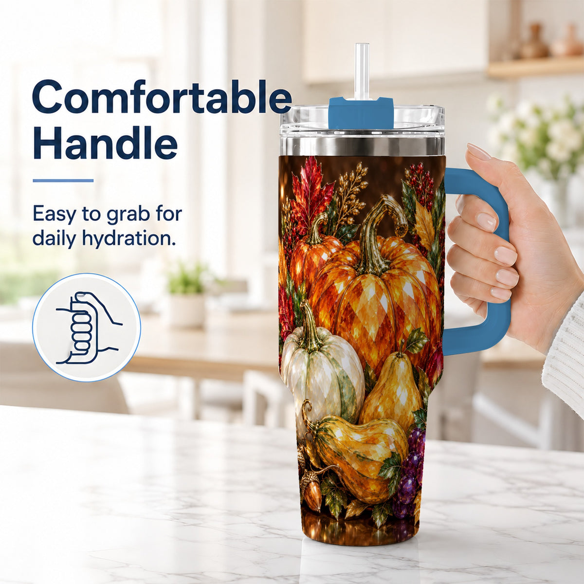 #pl[40oz|Blue] Pumpkin 40oz Tumbler with Handle, Jeweled Stainless Steel Travel Cup