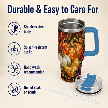 #pl[40oz|Blue] Pumpkin 40oz Tumbler with Handle, Jeweled Stainless Steel Travel Cup