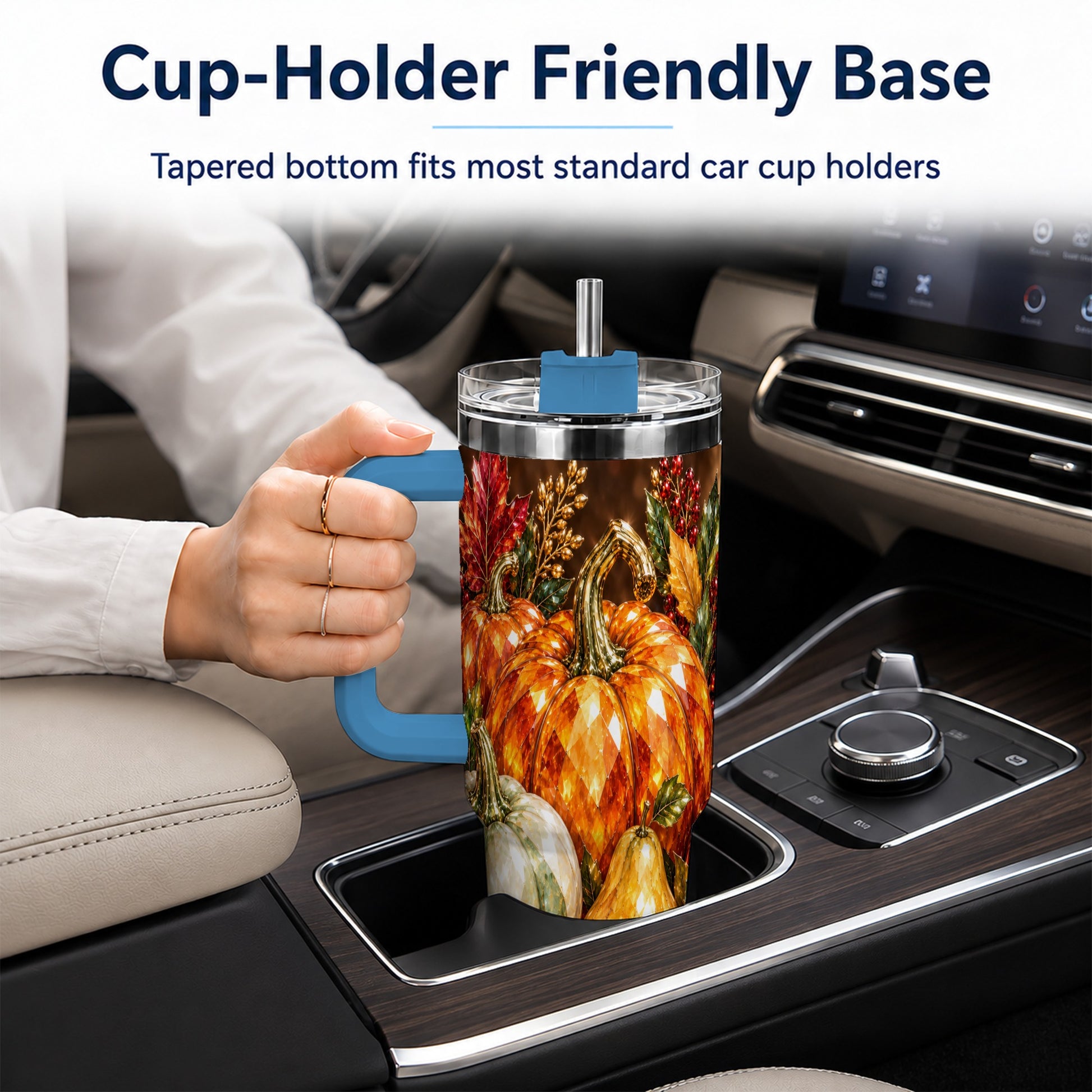 #pl[40oz|Blue] Pumpkin 40oz Tumbler with Handle, Jeweled Stainless Steel Travel Cup