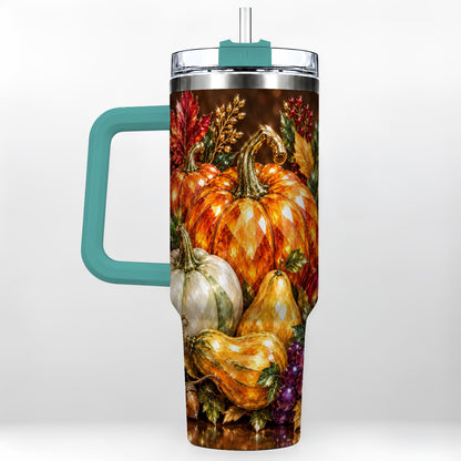 #pl[40oz|Green] Pumpkin 40oz Tumbler with Handle, Jeweled Stainless Steel Travel Cup