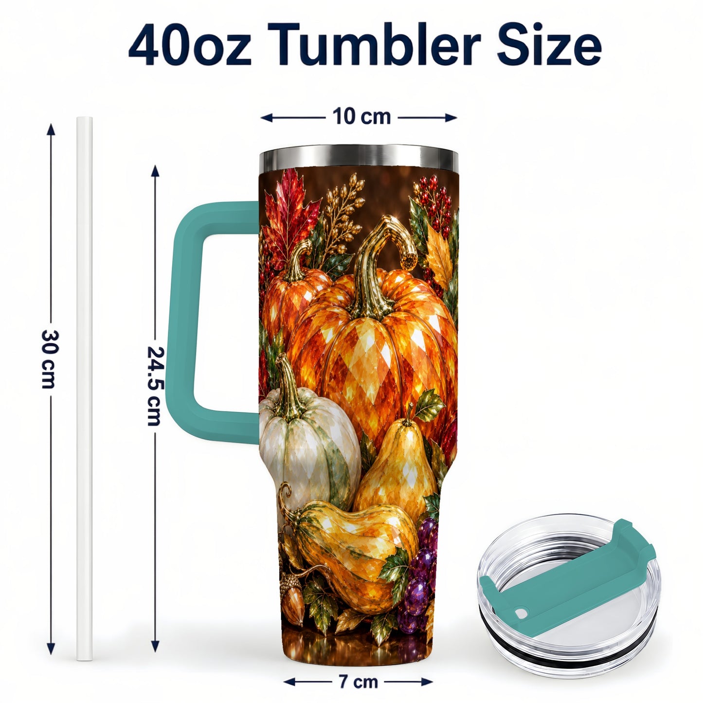 #pl[40oz|Green] Pumpkin 40oz Tumbler with Handle, Jeweled Stainless Steel Travel Cup