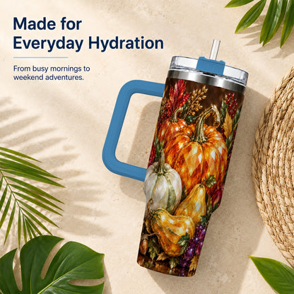 #pl[40oz|Blue] Pumpkin 40oz Tumbler with Handle, Jeweled Stainless Steel Travel Cup