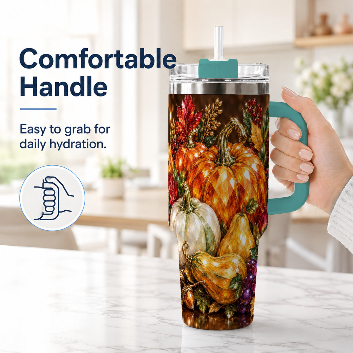 #pl[40oz|Green] Pumpkin 40oz Tumbler with Handle, Jeweled Stainless Steel Travel Cup