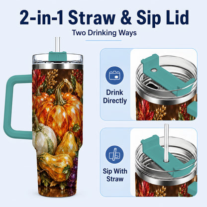 #pl[40oz|Green] Pumpkin 40oz Tumbler with Handle, Jeweled Stainless Steel Travel Cup