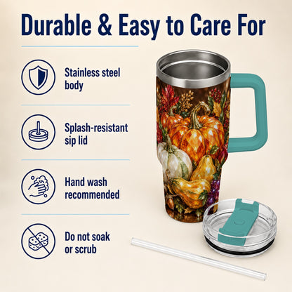 #pl[40oz|Green] Pumpkin 40oz Tumbler with Handle, Jeweled Stainless Steel Travel Cup