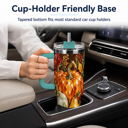 #pl[40oz|Green] Pumpkin 40oz Tumbler with Handle, Jeweled Stainless Steel Travel Cup
