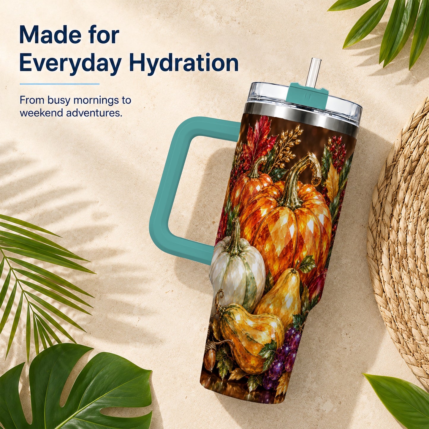 #pl[40oz|Green] Pumpkin 40oz Tumbler with Handle, Jeweled Stainless Steel Travel Cup