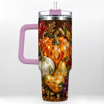 #pl[40oz|Pink] Pumpkin 40oz Tumbler with Handle, Jeweled Stainless Steel Travel Cup