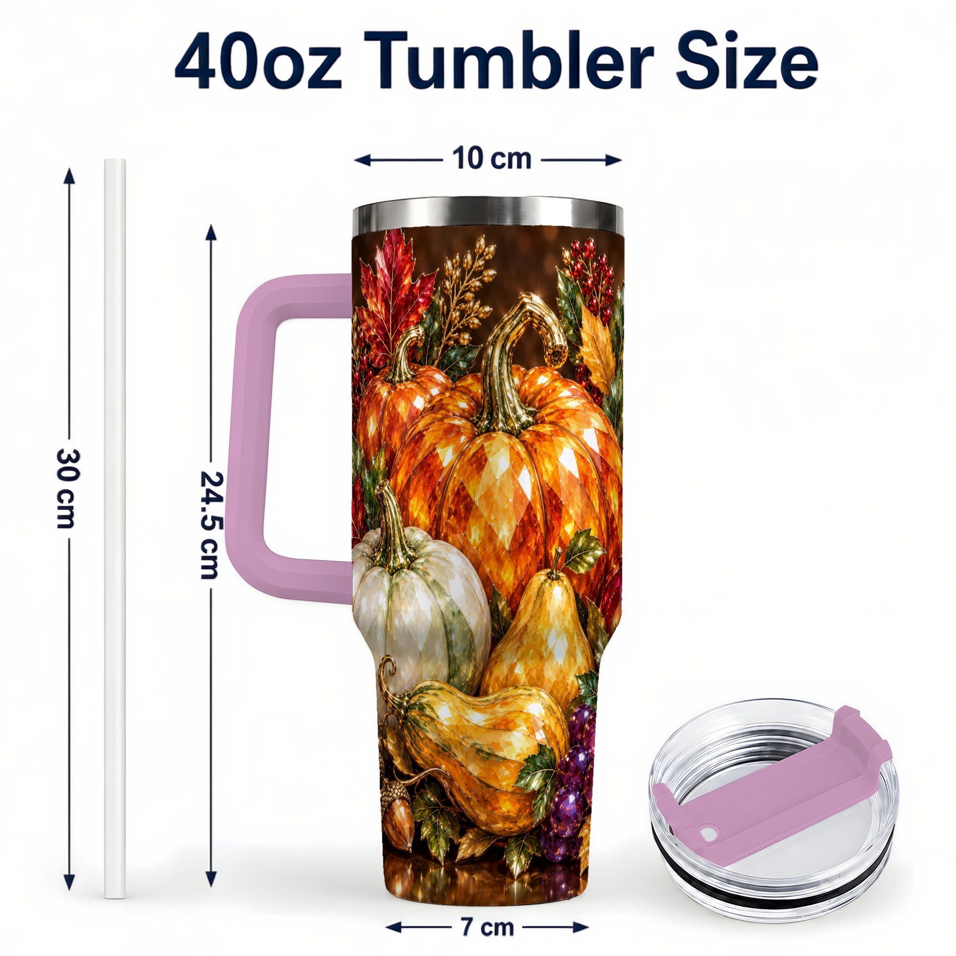 #pl[40oz|Pink] Pumpkin 40oz Tumbler with Handle, Jeweled Stainless Steel Travel Cup