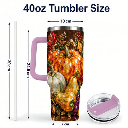 #pl[40oz|Pink] Pumpkin 40oz Tumbler with Handle, Jeweled Stainless Steel Travel Cup